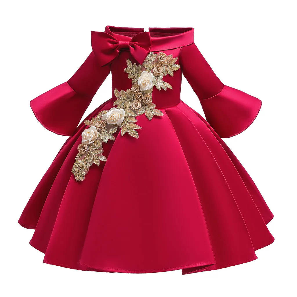 (2T-10T) Children's word shoulder trumpet sleeve embroidered princess pettiskirt dress floral child girl S4 | Детская одежда и