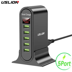 uslion usb charger 5 port led display multi usb phone desktop eu us uk plug with digital display travel wall charger adapter free global shipping