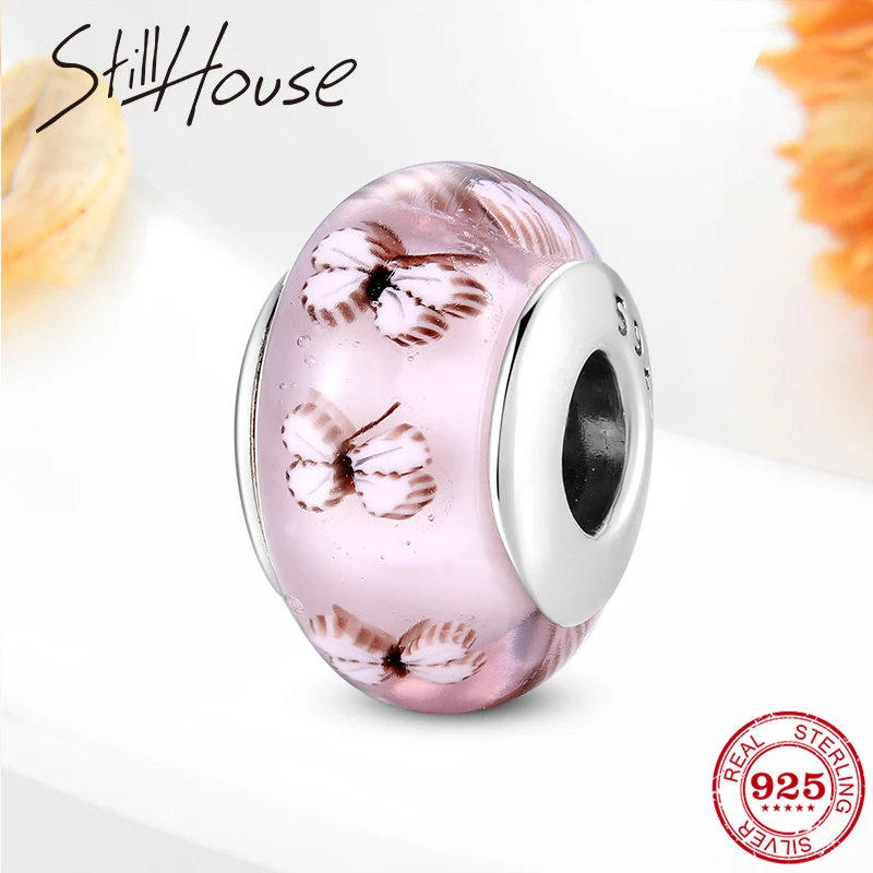 100% Настоящее серебро 925 пробы бабочка Летающий розовый муранский стеклянный