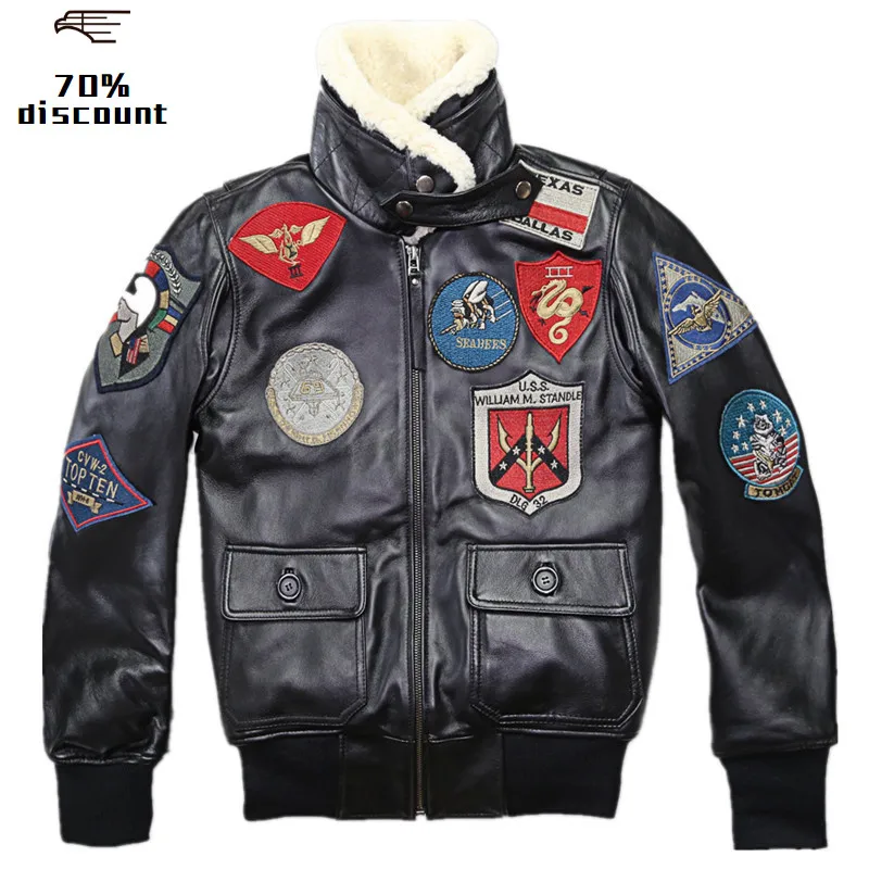 Пилотная куртка из натуральной овечьей кожи с шерстяным воротником|Мужские