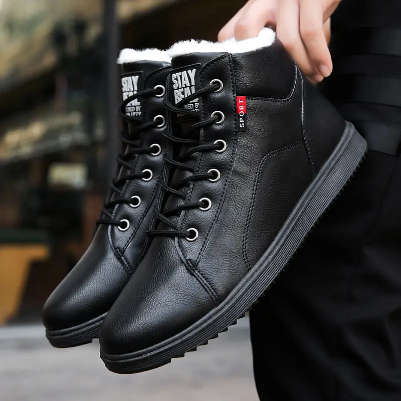 

Winter leathe shoes boys winter snow boots casual plush lace up round toe mens warm boots fashion classic style 2020