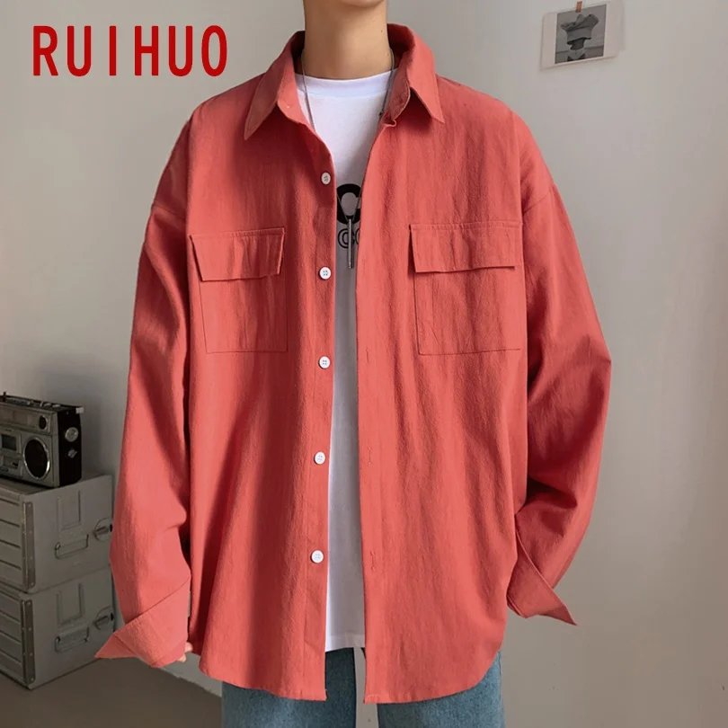 Рубашка RUIHUO мужская с длинными рукавами однотонная приталенная Хлопковая