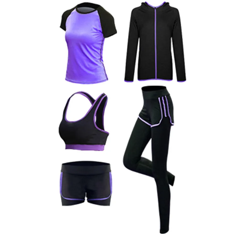 5 Piece Set Yoga For Women's Running Fitness T-Shirt Sports Bra Wear Clothing Women Training yoga Sport Suit | Спорт и
