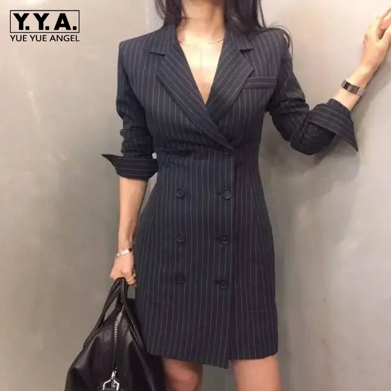 

Autumn New Women Blazer Fashion Striped Double Breasted Office Slim Dress Suit Jacket Elegant Lady Full Sleeve Outerwear S-L
