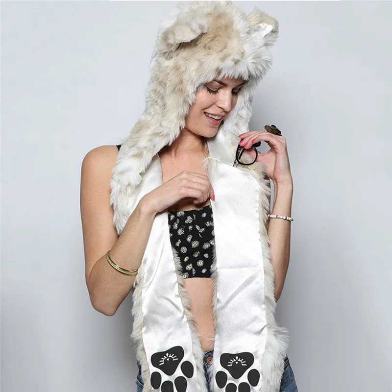 Многофункциональный шарф женская зимняя шапка с ушками волка кота облегающие