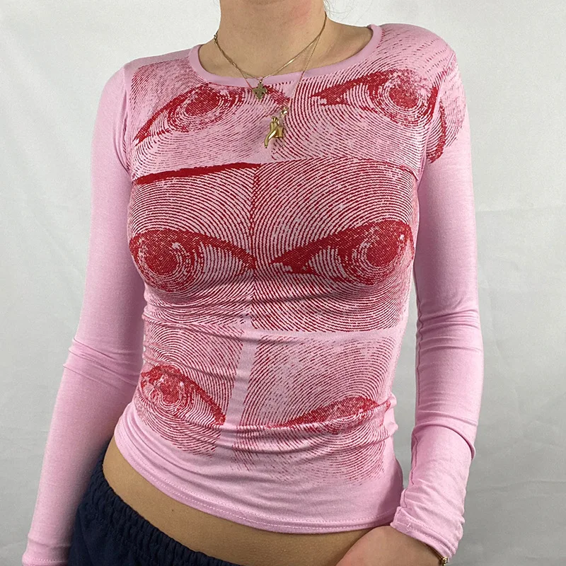

Y2K Eye Print T-shirts 2021 New Long Sleeved Slim Baby Tees Pink Women Autumn sexy Top 90s E-girl Vintage Shirt fairy grunge