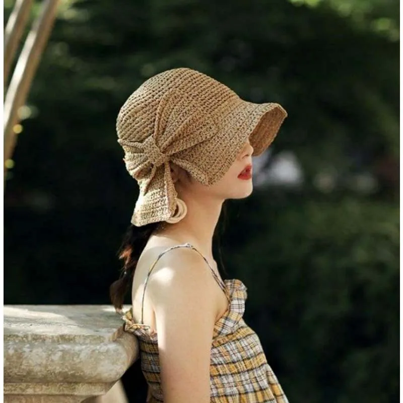 

Raffia Bow Sun Hat Wide Brim Floppy Summer Hats For Women Beach Panama Straw Dome Bucket Cap Femme Shade Hat