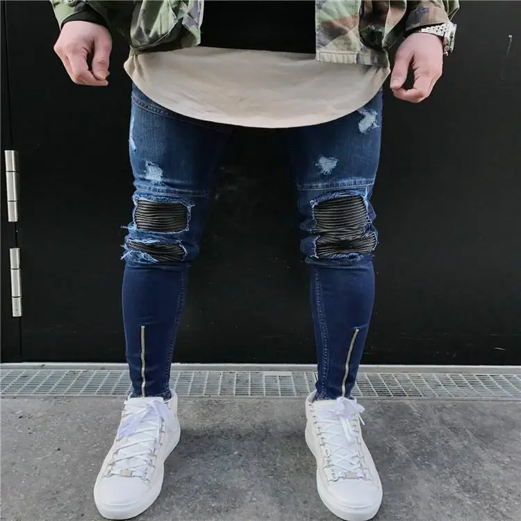 

European and American new style fashion men's ripped denim, jeans designer crime ripped jeans, blue pencil pants hip-hop style