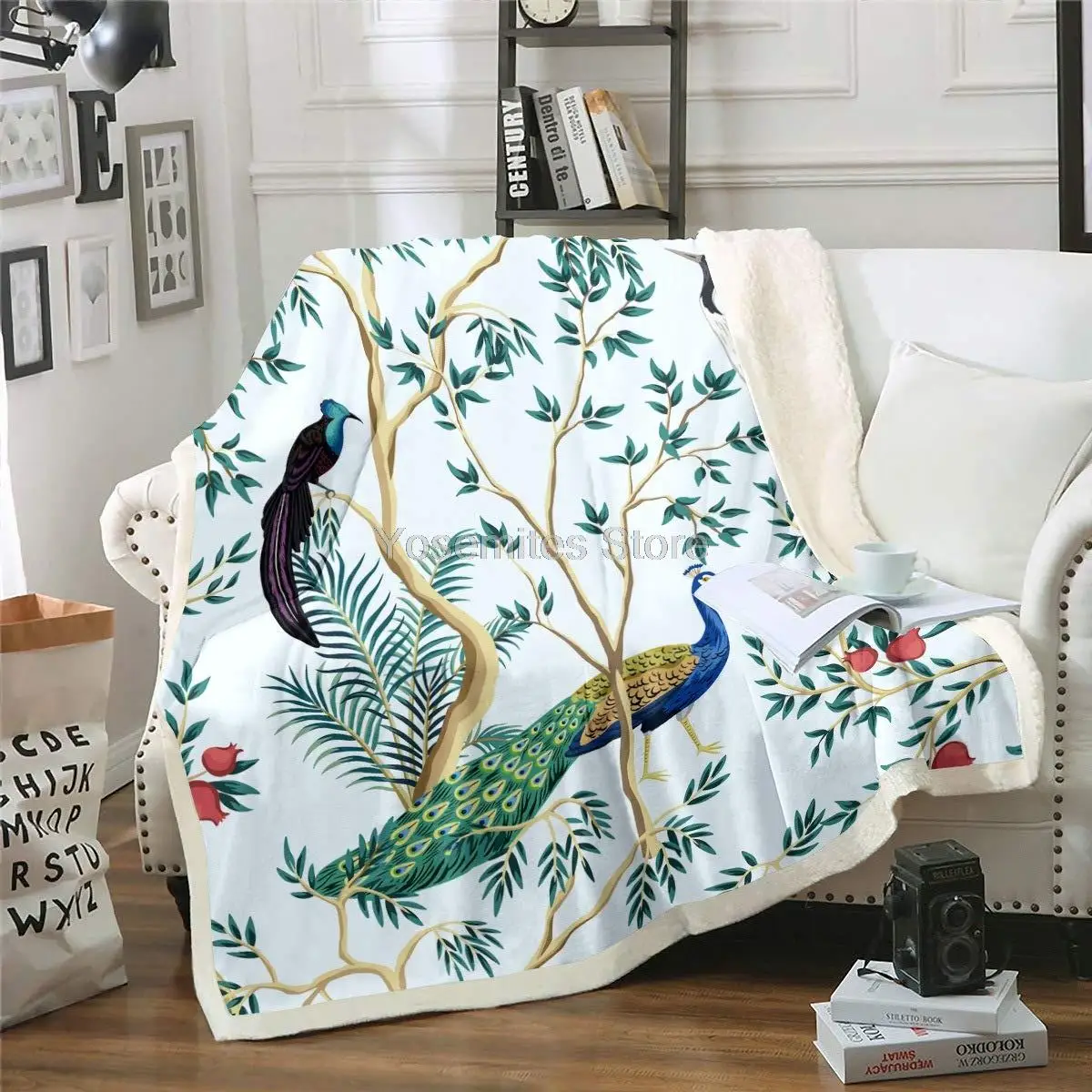 

Castle Fairy Blue Peacock Printed Sherpa Blanket Couch Sofa Chair Bed Color Birds Pattern Flannel Throw Leaf Tree Branch Blanket