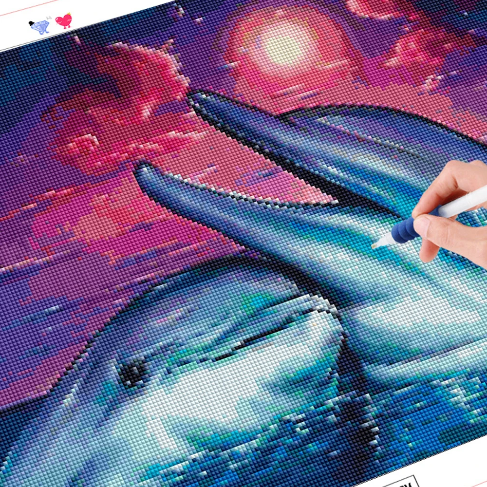 Роспись алмазами животных своими руками (квадратная/круглая форма) вышивка "Рыбы и дельфины" с камнями-ринестонами для осеннего украшения дома.