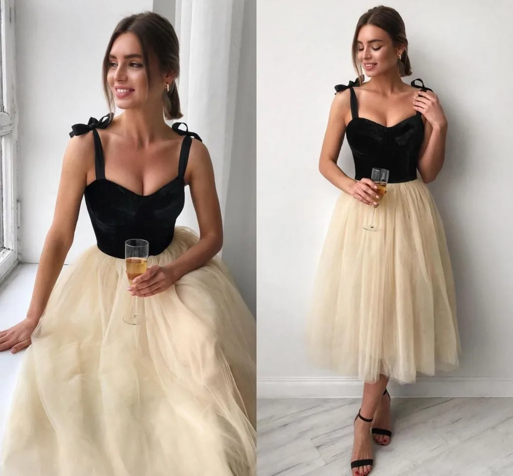 

Black Velvet Top Prom Dresses Spaghetti Sweetheart A Line Tulle Tea Length Cocktail Patry Gowns Vestidos Robe De Soiree