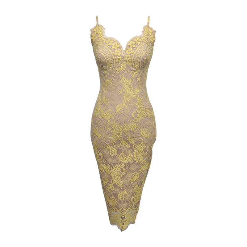 

Women Summer Sexy Spaghetti Strap Fairy Yellow Dress Korean Style Temperament Slim Dress New Woman Mid-length Lace Fashion Dress