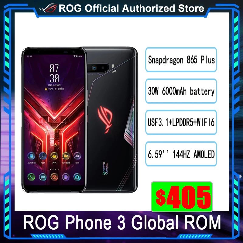 Global ROM Version ASUS ROG Phone 3 256GB 12GB SD865+ 6000mAh Battery 144Hz AMOLED FHD 64MP Triple Cameras ROG3 5G Game Phone