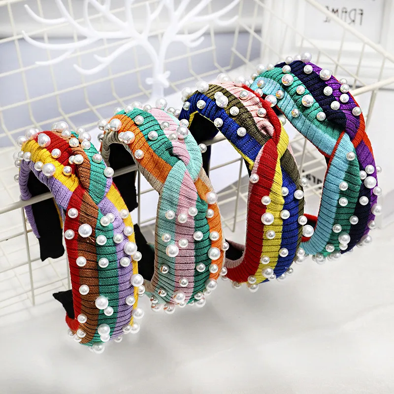 Простая Радужная жемчужина для волос полосатая вязаная шерсть широкий обруч