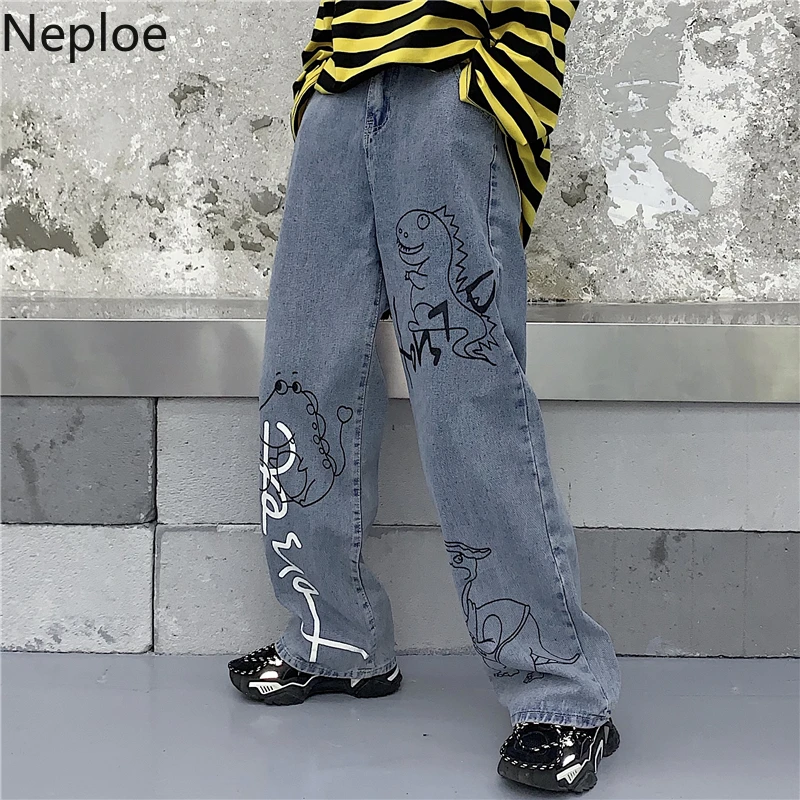 Женские джинсы с принтом в виде героев мультфильмов корейские свободные брюки