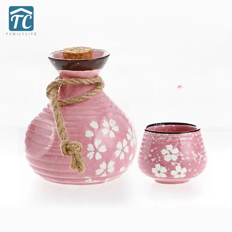 

2 Cups Vintage Wine Bottle Ceramic Sake Japanese Sakura Wine Liquor Spirits Pot Cups Set Drinkware Flagon Bar Set Home Mug