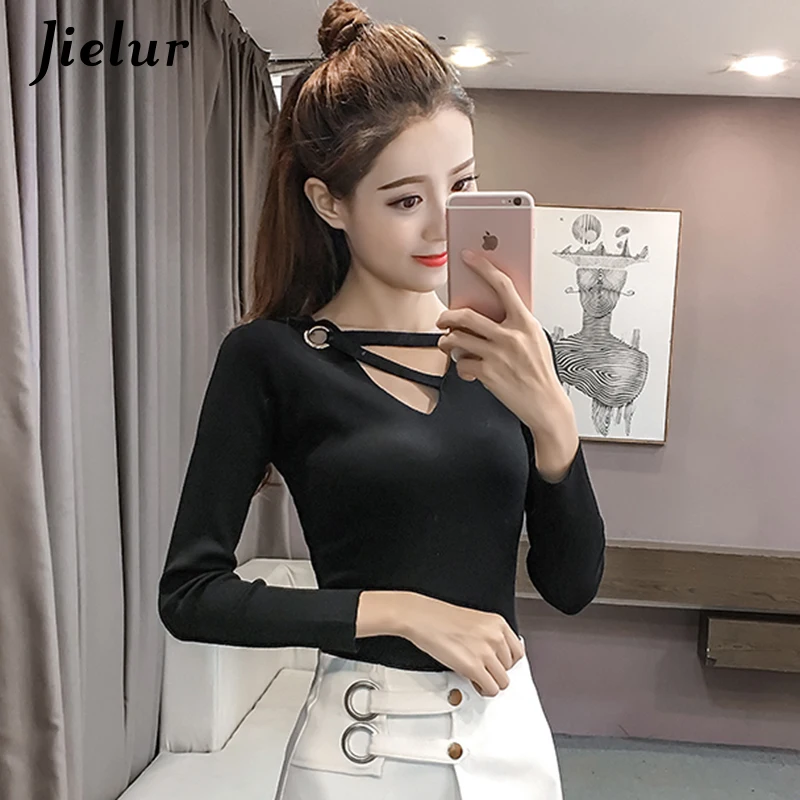 Jielur осенний тонкий свитер с v-образным вырезом для женщин Зимний шикарный