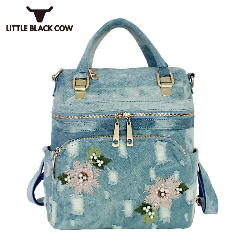 Повседневный женский джинсовый рюкзак ранец для поездок с цветочной вышивкой