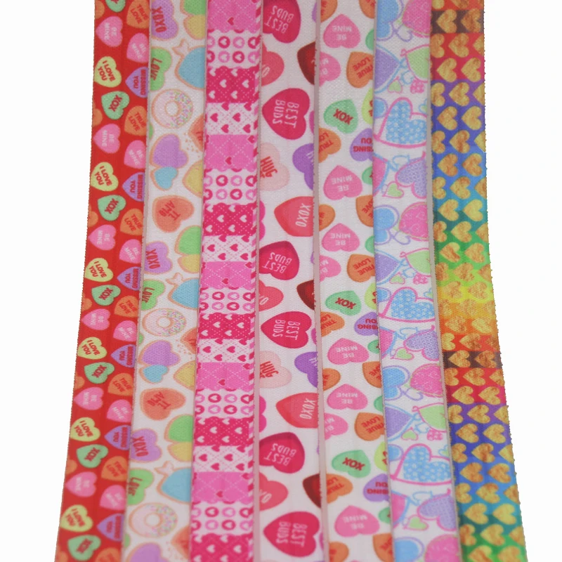 

DHK 5/8'' 50yards valentine heart love printed Fold Elastic FOE stretch ribbon hairbow headwear headband DIY OEM S1344