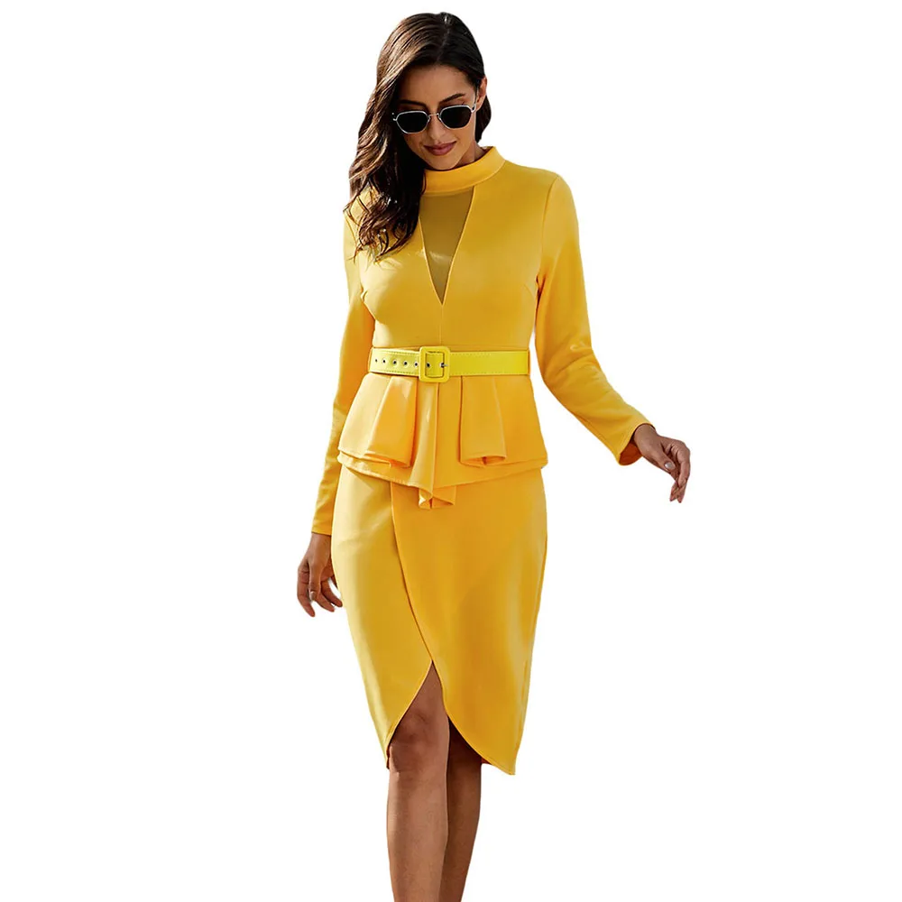 Осеннее женское асимметричное платье миди SEBOWEL с длинным рукавом и баской