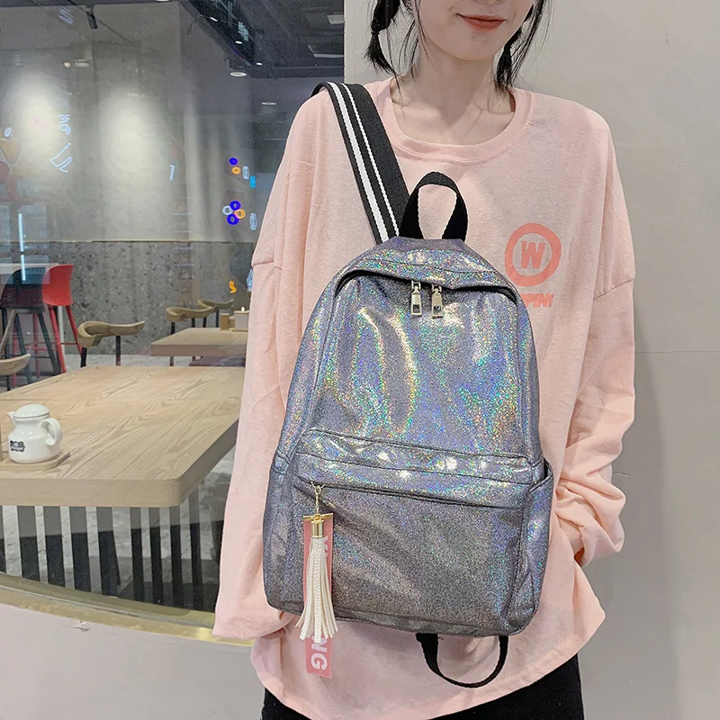 Женский серебряный ранец с лазерным рисунком школьный блестками для