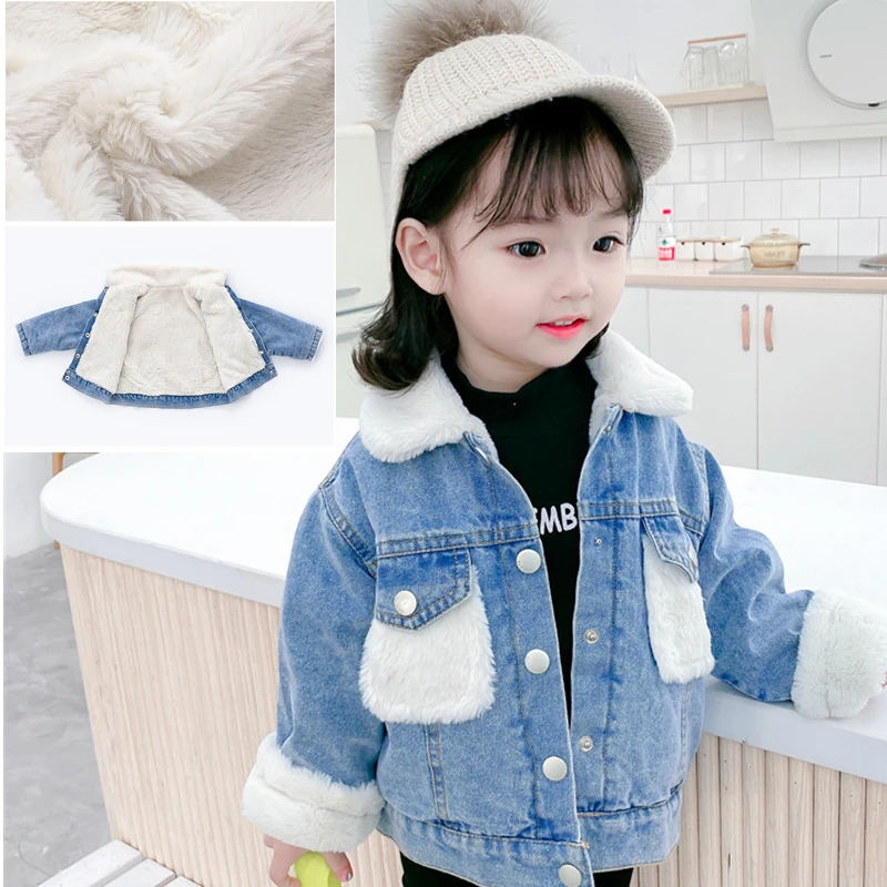 

Denim Jacket for Girls Fleece Velvet Winter New Fashion Kids Jackets for Girls Fur Jacket Boys Faux Fur Coat Patchwork Clothes