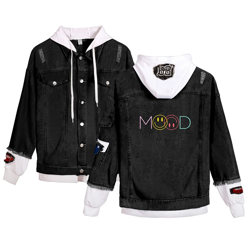 

Mood Smiley Denim Jacket Sweatshirt Fashion Hip Hop Style Men Women Long Sleeve Fake Two Pieces Jean-Jackets Harajuku Hoodie 4XL