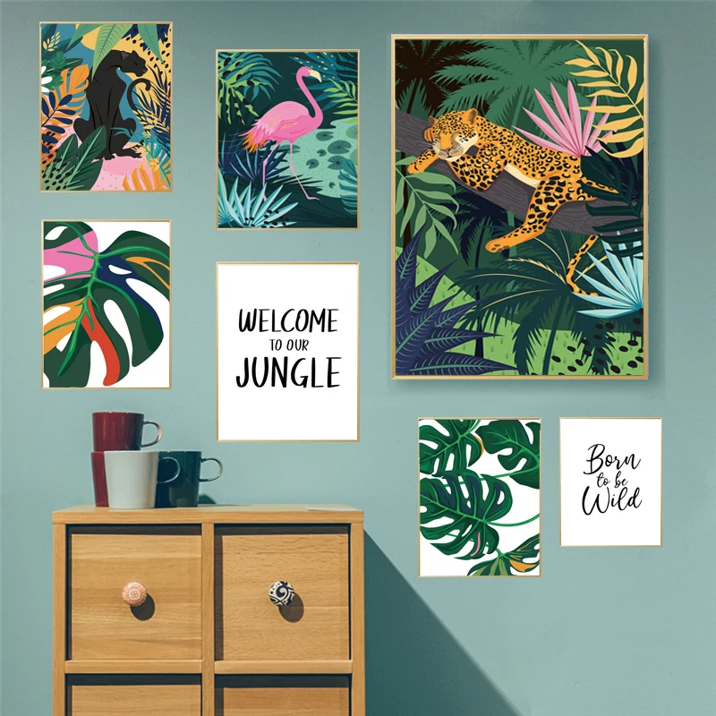 

Nordic poster Flamingo leopard jungle and printing monsters leaf wall art canvas living room decoration painting picture