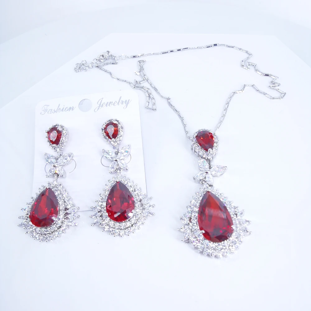 2020 Новая мода Фиолетовый Синий Красный Кристалл CZ Циркон ожерелье серьги