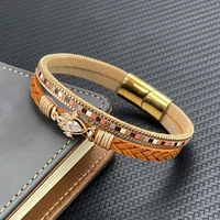 glamorous crown set zircon classic women bracelet braided leather stainless steel magnetic clasp bracelets female jewelry gift