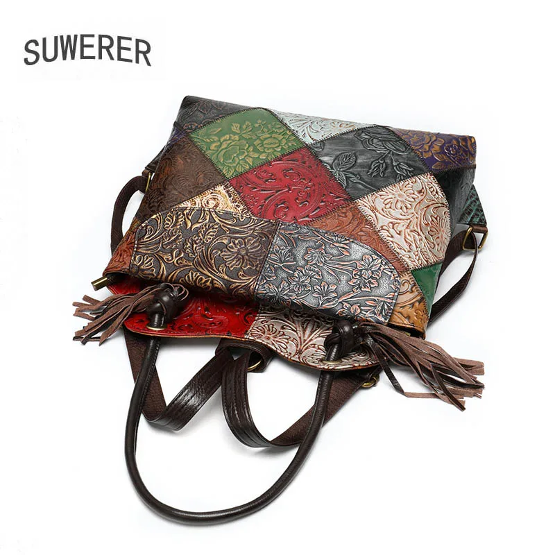 

SUWERER New Women Genuine Leather backpack fashion Color stitching famous brand cowhide leather shoulder bag women badkpack