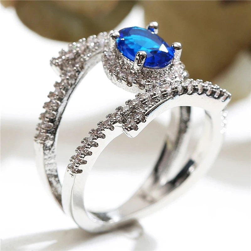 

2021 Trend Jewelry Geometric Cross Blue Oval Gemstone Ring For Women Lover Ring Friendship Engagement Wedding Band Open Ring