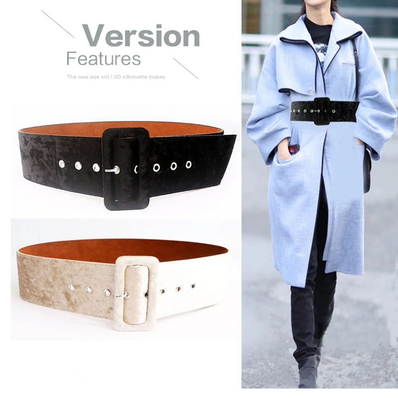 Широкий бархатный женский пояс для платья осенне-зимний ремень с пряжкой язычком