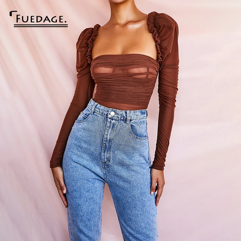 Женское облегающее боди Fuedage Сетчатое платье с рюшами и длинными рукавами