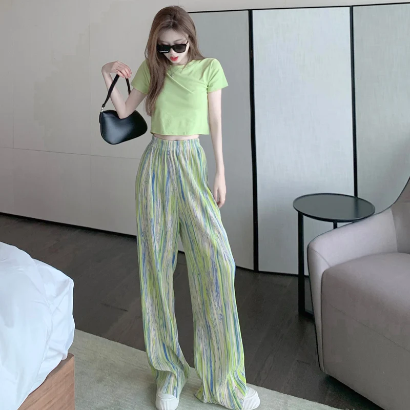 

Wide-leg pants women summer thin green straight-leg pants fashion casual pants trousers high waist drape mopping pants