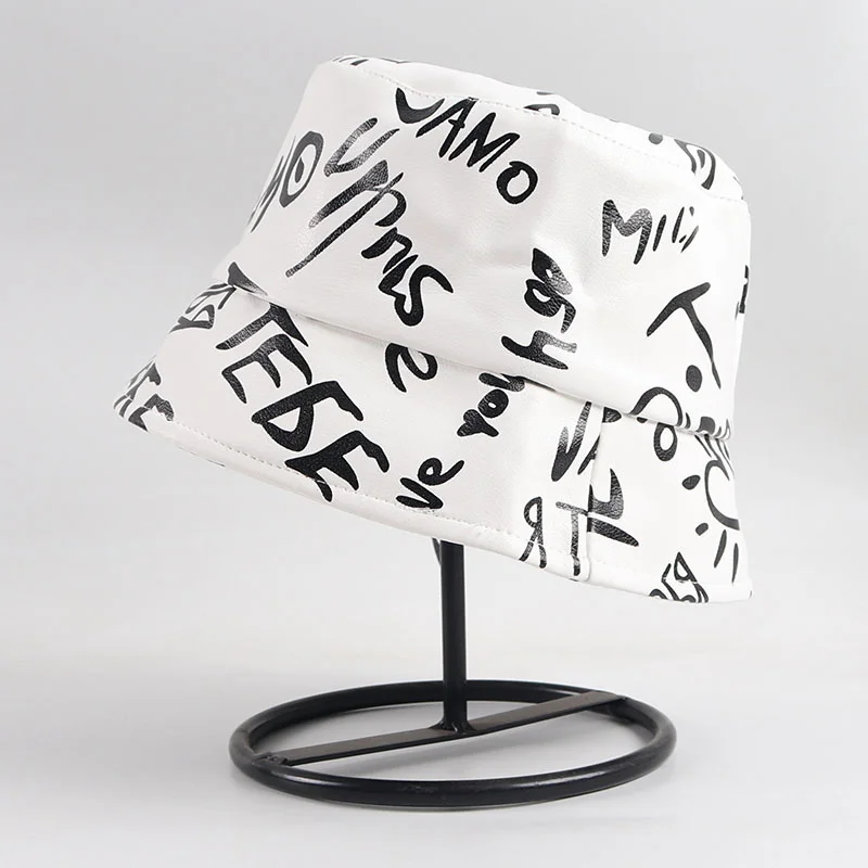 

2021 Autumn Winter Women High Quality Leather Bucket Hat Streetwear Bob Femme Fashion Panama Fisherman Cap Black