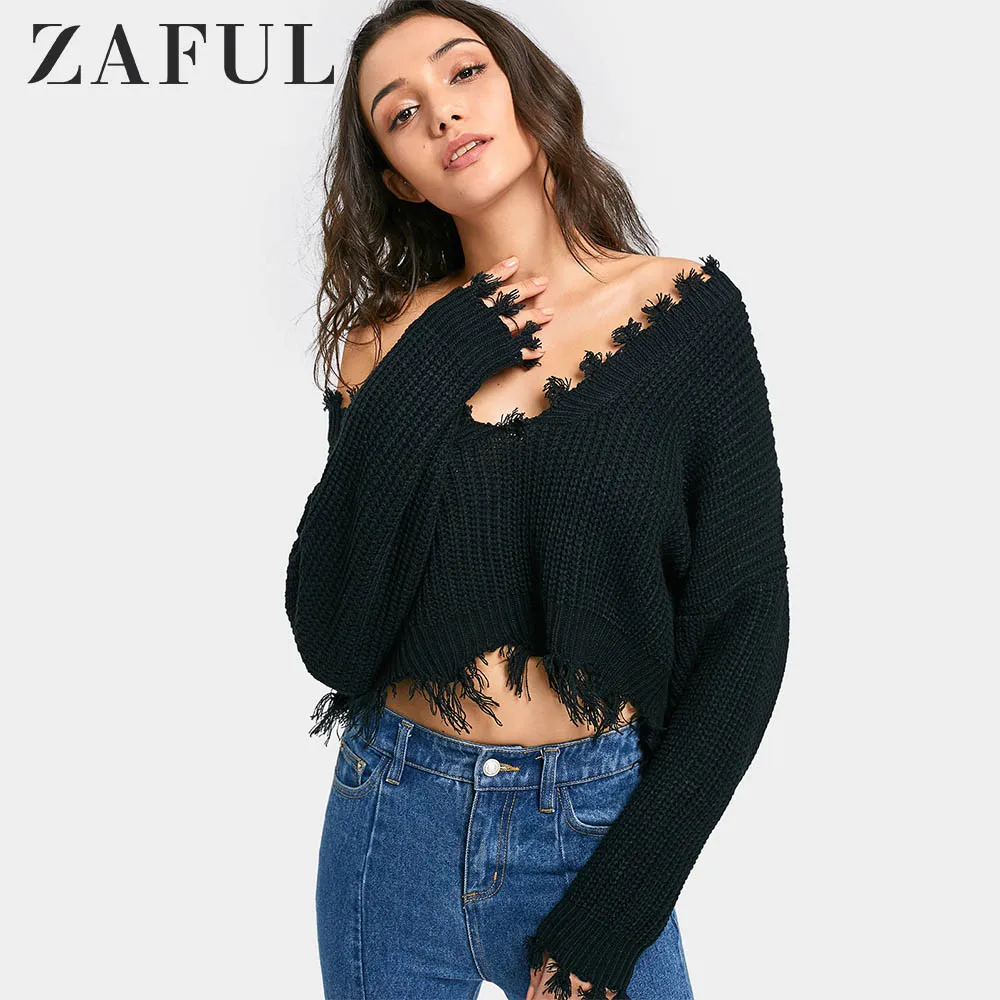 ZAFUL Свитер Frayed Укороченный трикотажный Свободный пуловер Женский Повседневный