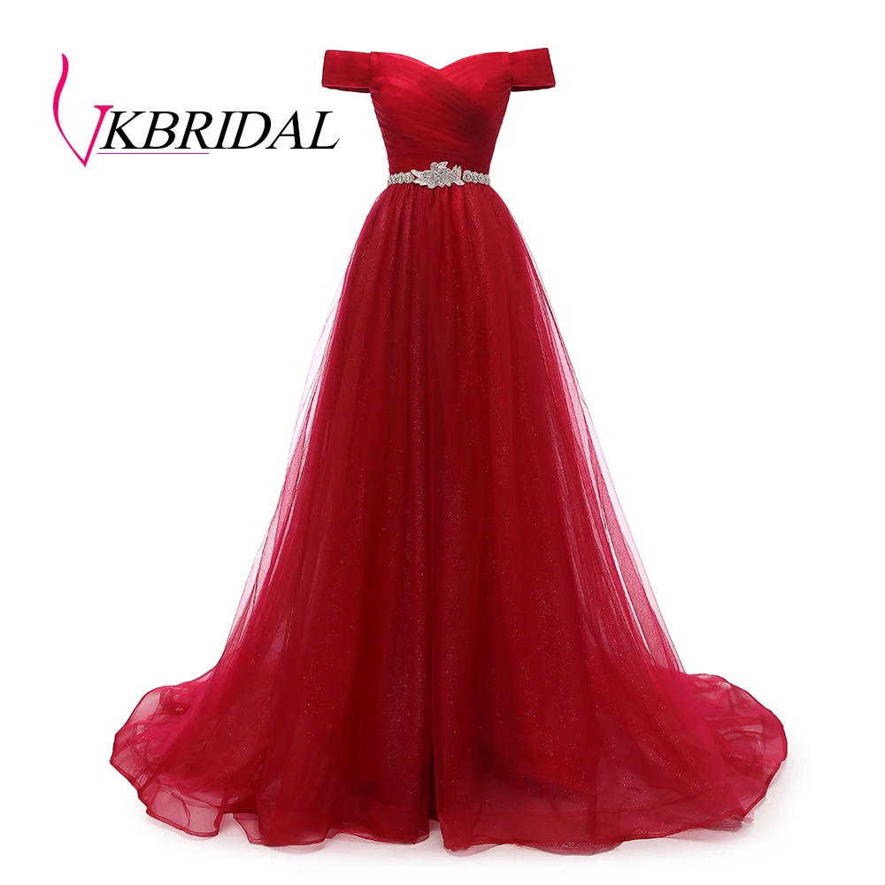 VKBRIDAL, Красное длинное вечернее платье с открытыми плечами и поясом, расшитое бисером, винтажные платья для выпускного вечера, vestido de festa, недорогое вечернее платье со шнуровкой на спине