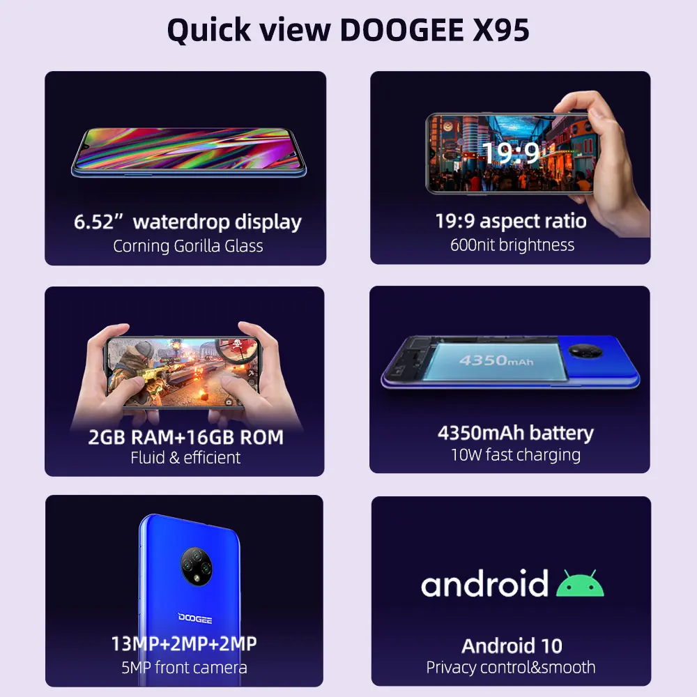 Мира посылки DOOGEE X95 Android 10 4G-LTE мобильных телефонов 6 52 "Дисплей MTK6737 16 Гб