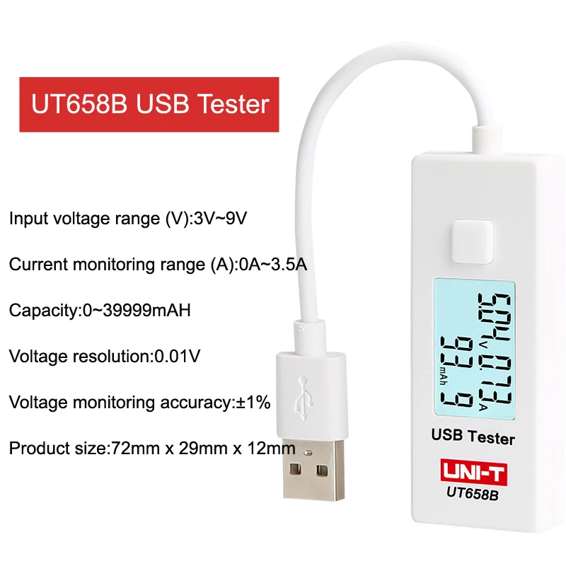 UT658B USB тестер UNI-T UT658 UT658B мобильный телефон ноутбук мобильный мощность безопасности монитор 3,0 V-9,0 V/0.0A-3.0A Предупреждение ЖК-дисплей - Цвет: UT658B