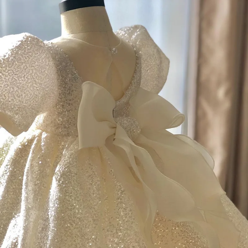 

New Sequins White Dress for Girl Baptismal Party Infant Dresses Birthday Evening Outfit Big Bow Princess Wedding Baby Girl Dress
