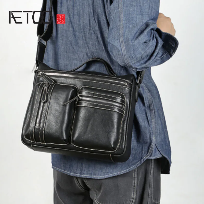 

AETOO Top layer cowhide messenger bag, men's leather shoulder bag, fashionable vegetable tanned cowhide messenger bag