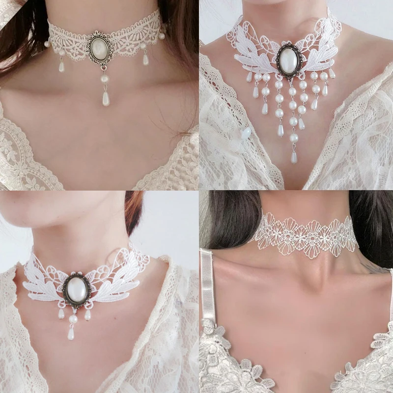 Sweet New Wavy Flower White Lace Imitation Pearl Pendant Clavicle Chain Choker Necklace for Women Wedding Jewelry