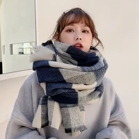 winter blue plaid warm cashmere scarf shawl for women korean fashion all match long thick scarves for ladies