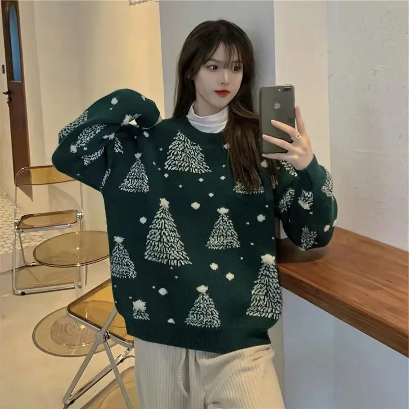 Sweater Women Christmas Tree Knitted Long Sleeve Round Neck Ladies Jumper Fashion Casual Winter Autumn Pullover Clothes NS4976 | Женская