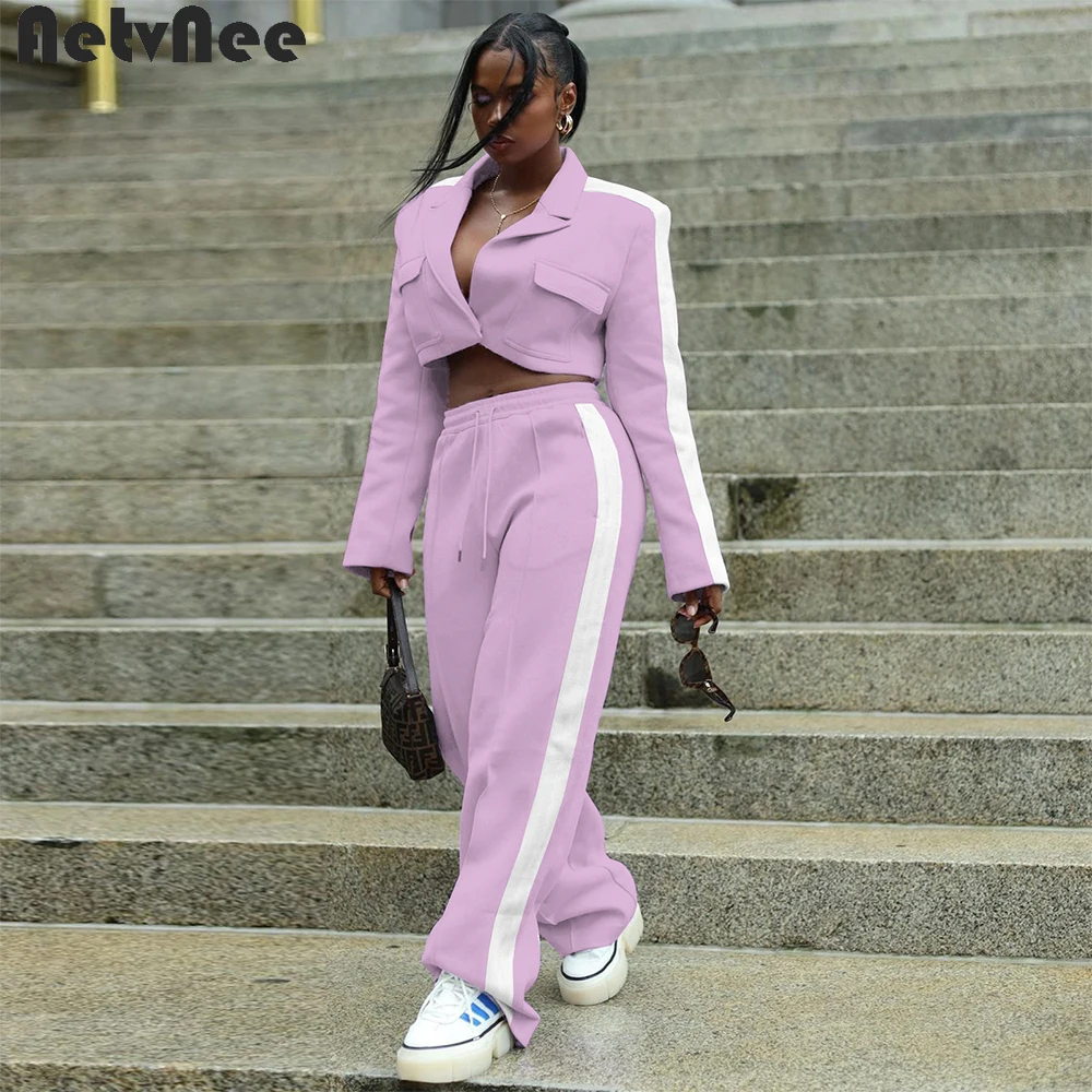 

Женский брючный костюм из двух предметов, повседневный комплект из двух предметов, короткое пальто и брюки с широкими штанинами, модель Y2K н...