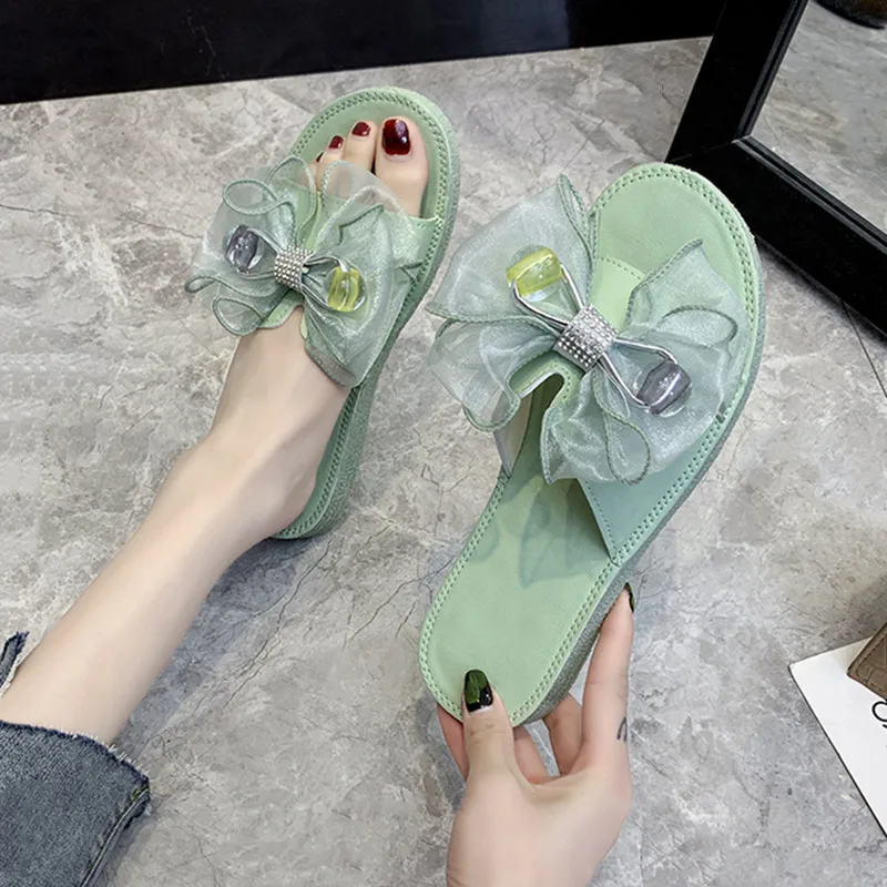 

Shoes Slippers Flat Butterfly-Knot Glitter Slides Slipers Women Jelly 2021 Butterfly-knot Sweet PU Rubber Basic Crystal Flat Sho