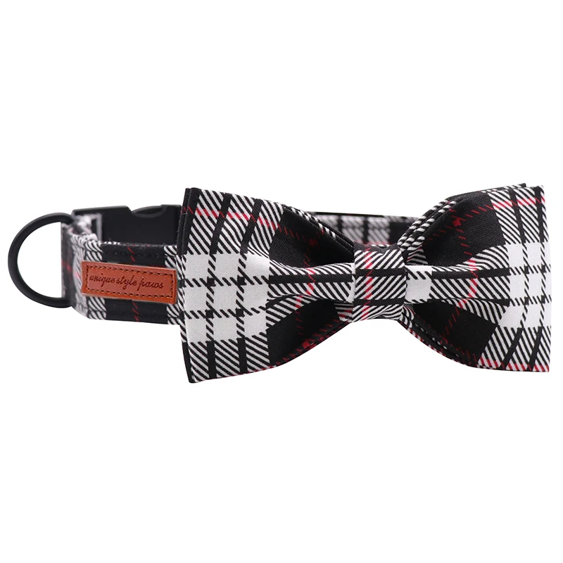 Black Plaid Cotton Fabric Dog Collar and Leash Set with Bow Tie for Big and Small Dog Metal Buckle Pet Accessories