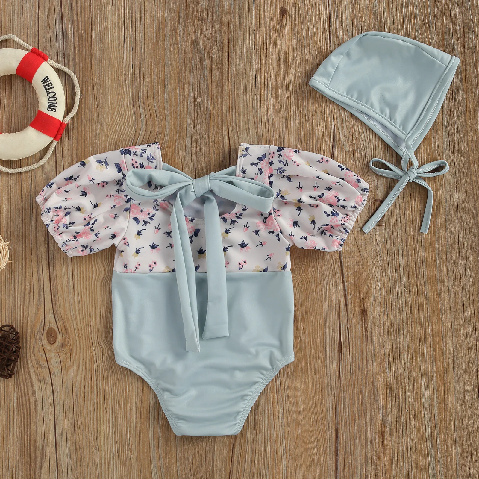 

1-5Years Infant Kids Girls Patchwork Jumpsuit Set, Solid Color Flower Short Bubble Sleeve Short Pants Romper and Hat 2pcs Suits