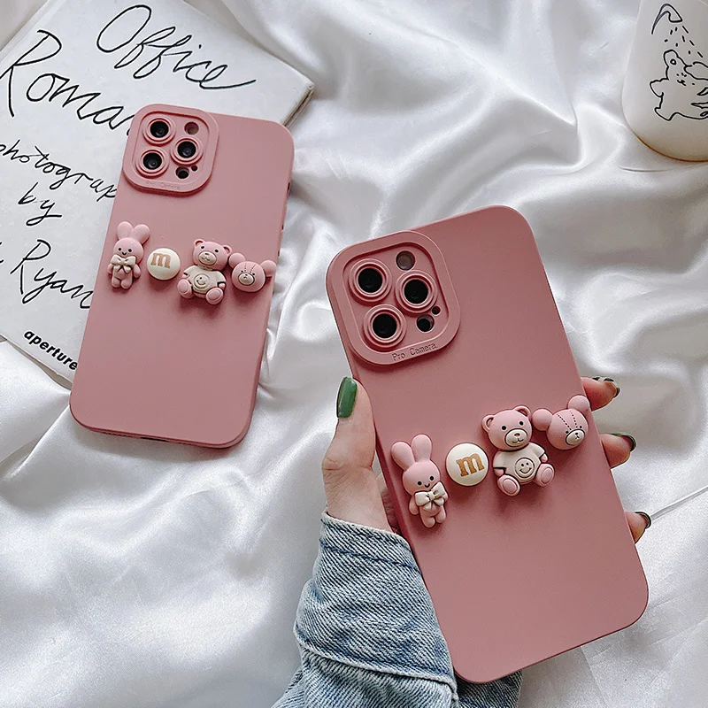 

3D Cartoon Cute Pink Bear Phone Case For Iphone 13 11 12 Pro Max X XR XS 6 7 8 Plus Camera Lens Protective Cover for ipone 13 12